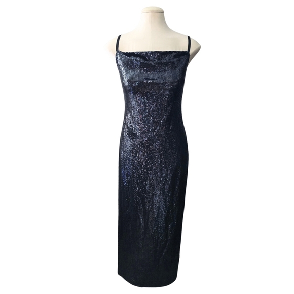 BEBE Spaghetti Gown Disco Dot Long Slim Midi Maxi Dress Medium - Picture 1 of 5